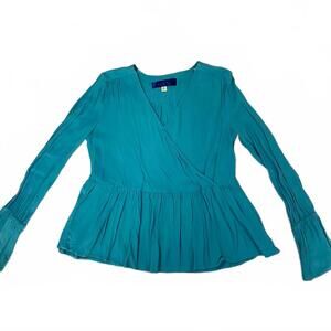 Francesca’s Teal Bohemian Peplum Long Sleeve V-Neck Blouse Top- Size Medium